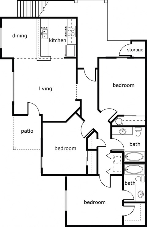 Floor plan for 3 beds, 2 baths, 1264 sqft
